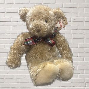 Vintage 1990 GUND Wuzzy Teddy Bear Style 2085 Shaggy Plush Tan Bear Plaid Bow.